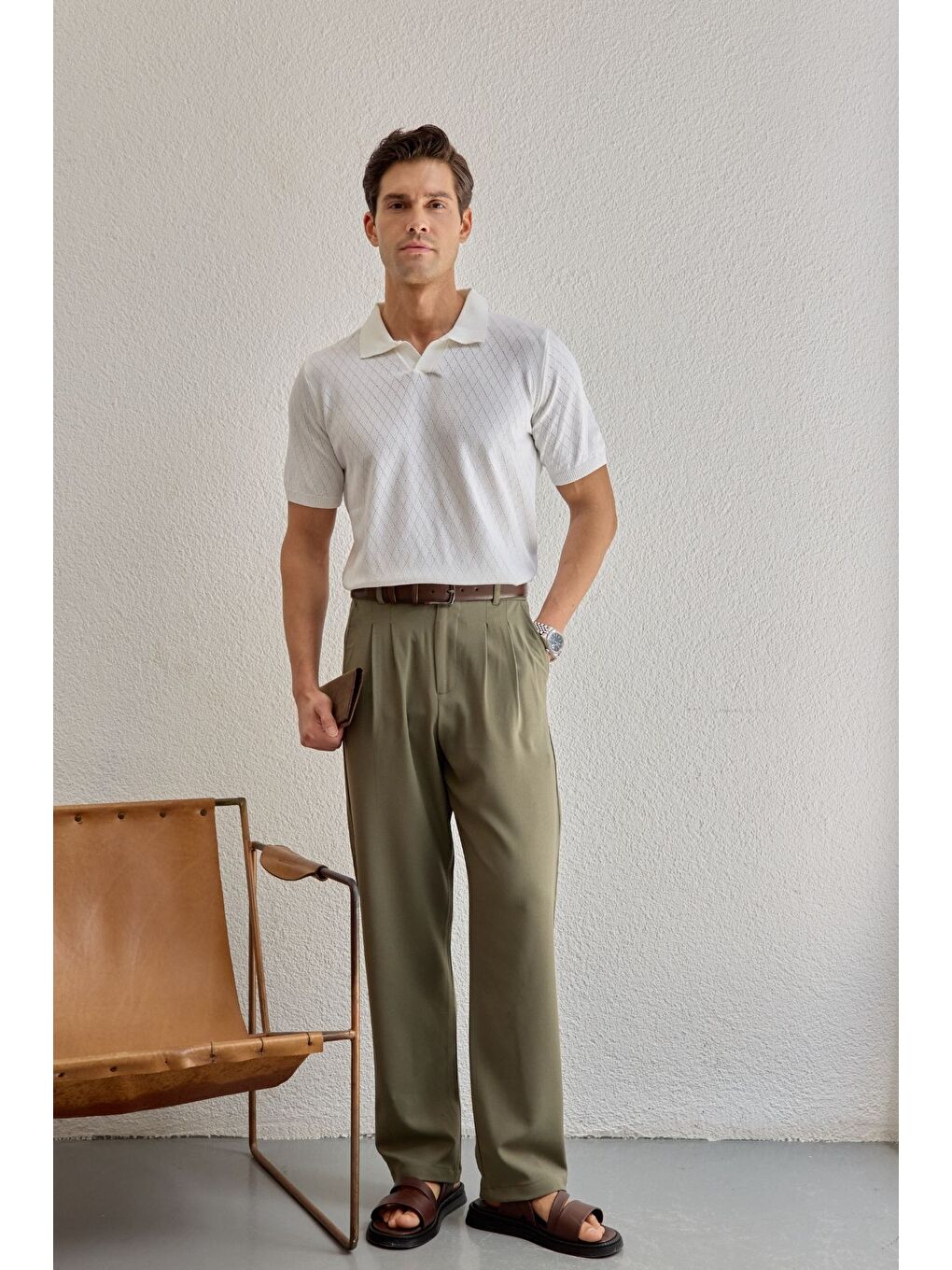 Beyaz Onor Erkek Kendinden Desenli Polo Yaka Triko Tişört Geniş Kalıp Hafif Doku-3