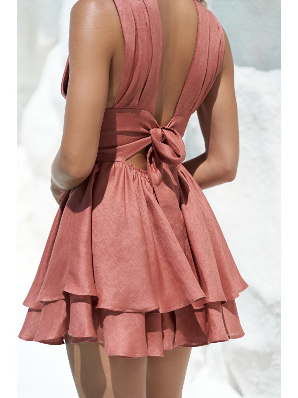 Kahverengi Zaneta Korsaj Detaylı Tarçın Keten Mini Elbise-4