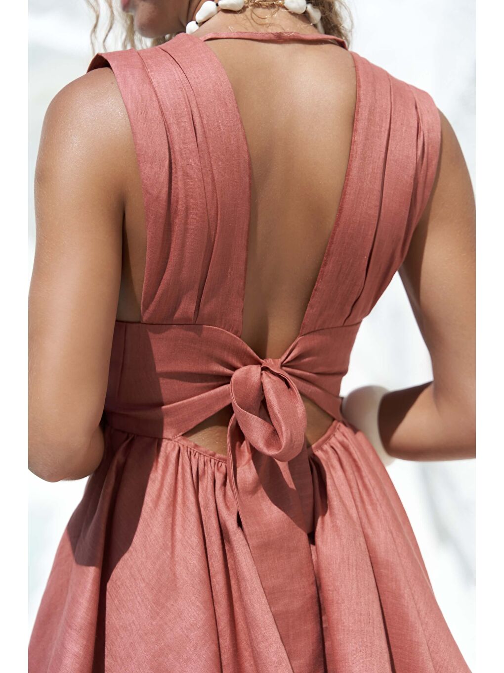 Kahverengi Zaneta Korsaj Detaylı Tarçın Keten Mini Elbise-6