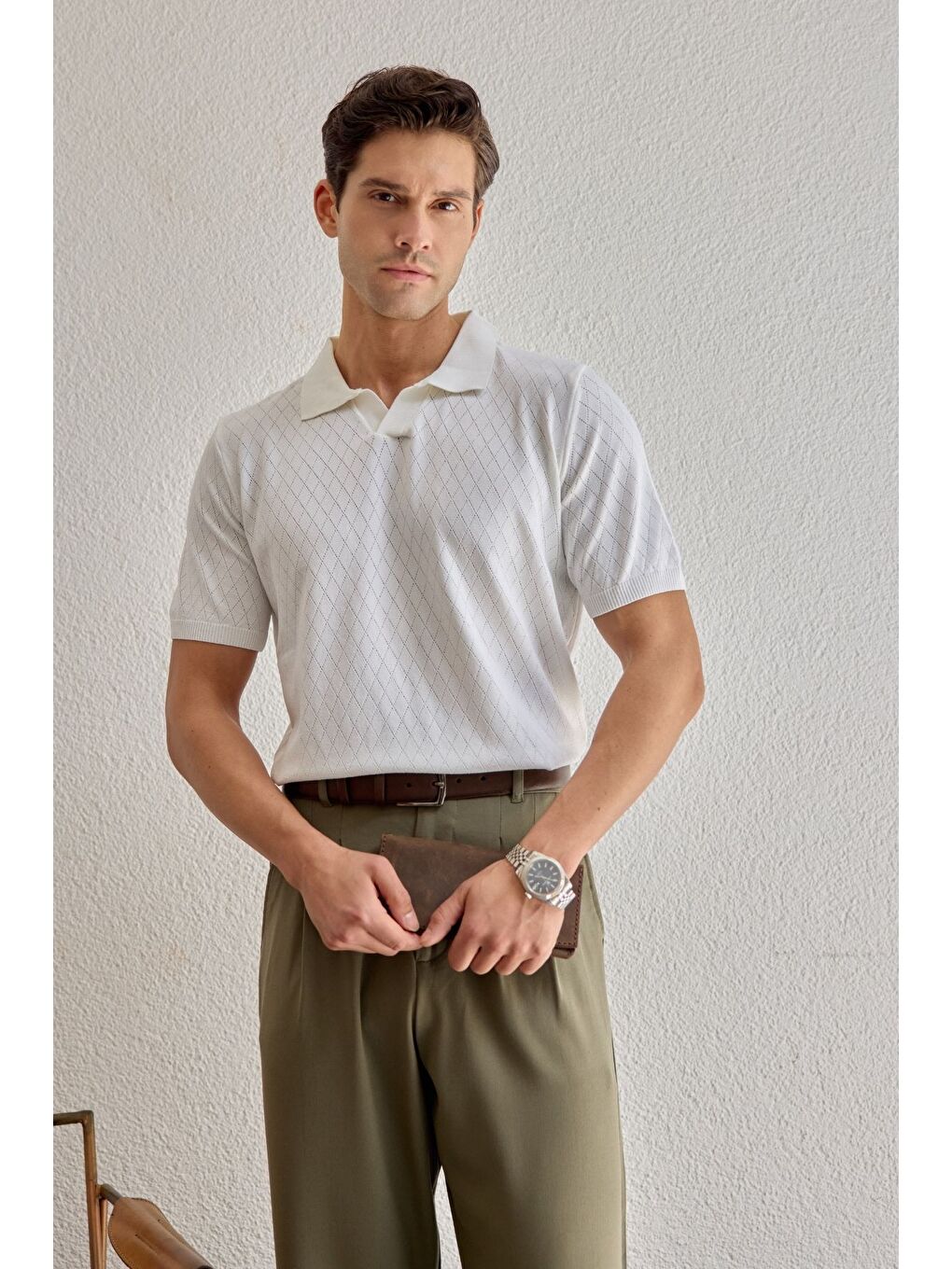 Beyaz Onor Erkek Kendinden Desenli Polo Yaka Triko Tişört Geniş Kalıp Hafif Doku-4