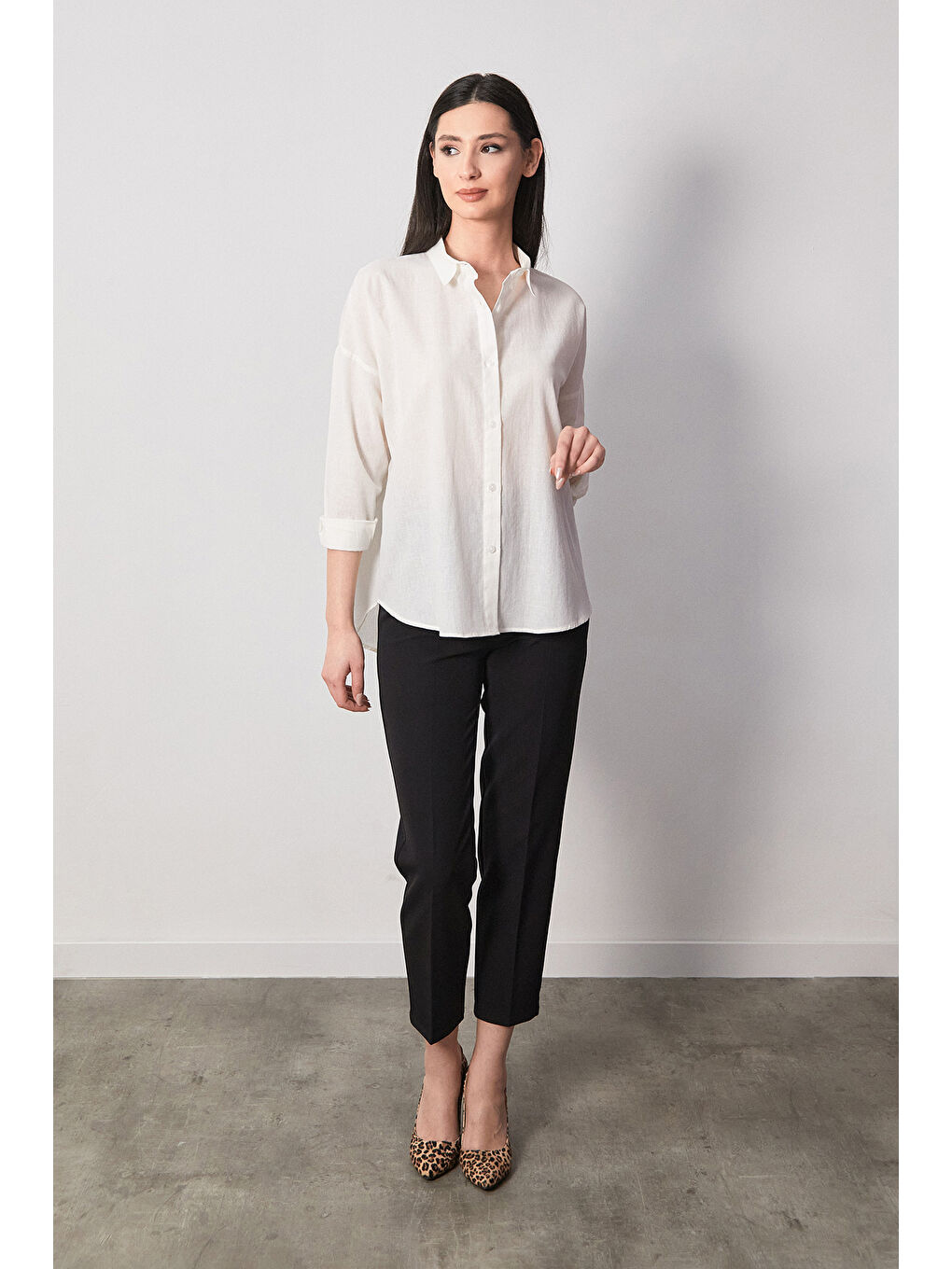 Ekru Basic Arkası Uzun Salaş Gömlek-1