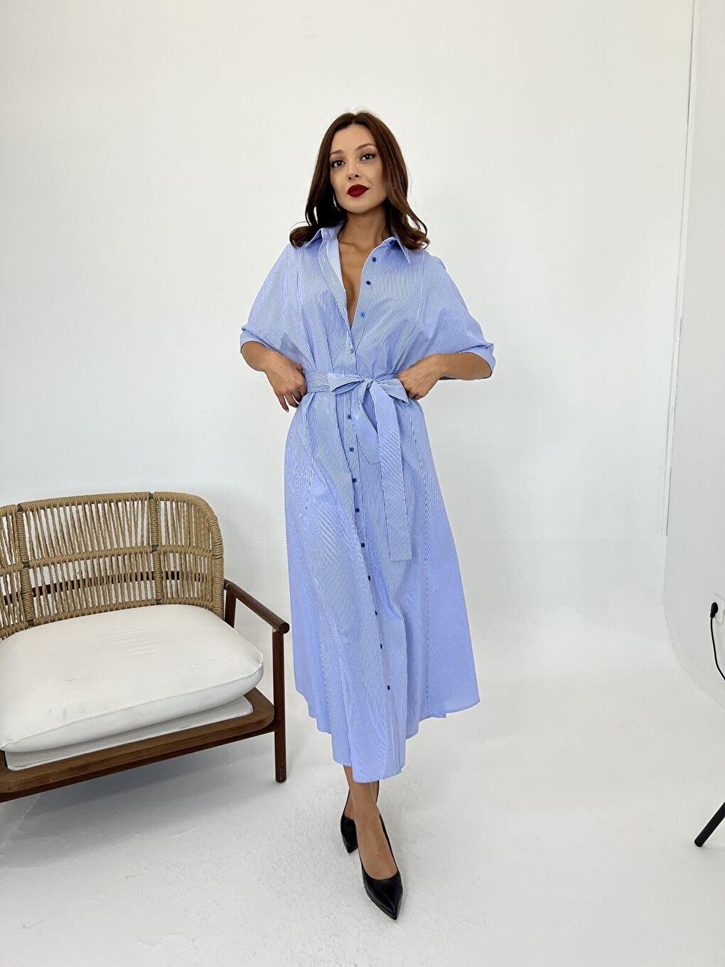 Sarı 5318 ELBİSE-MAVİ BEYAZ ÇİZGİLİ-2