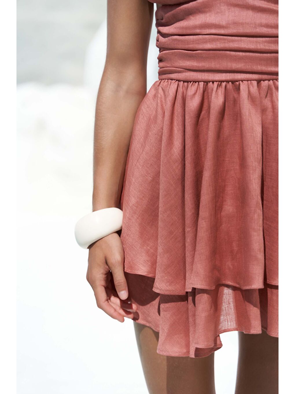 Kahverengi Zaneta Korsaj Detaylı Tarçın Keten Mini Elbise-7