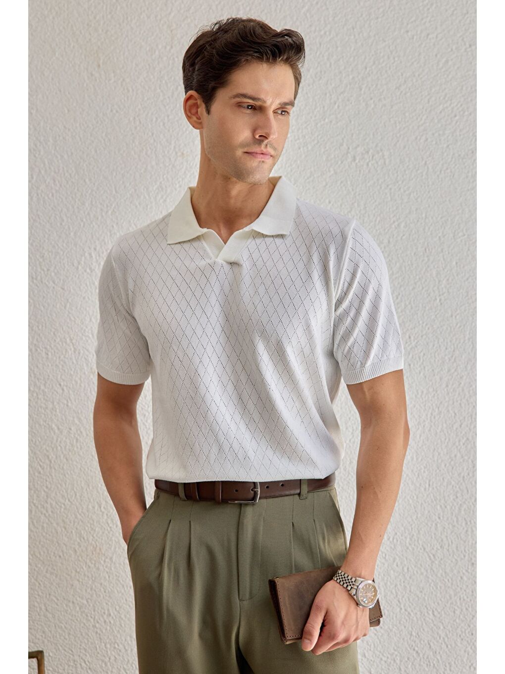 Beyaz Onor Erkek Kendinden Desenli Polo Yaka Triko Tişört Geniş Kalıp Hafif Doku-5