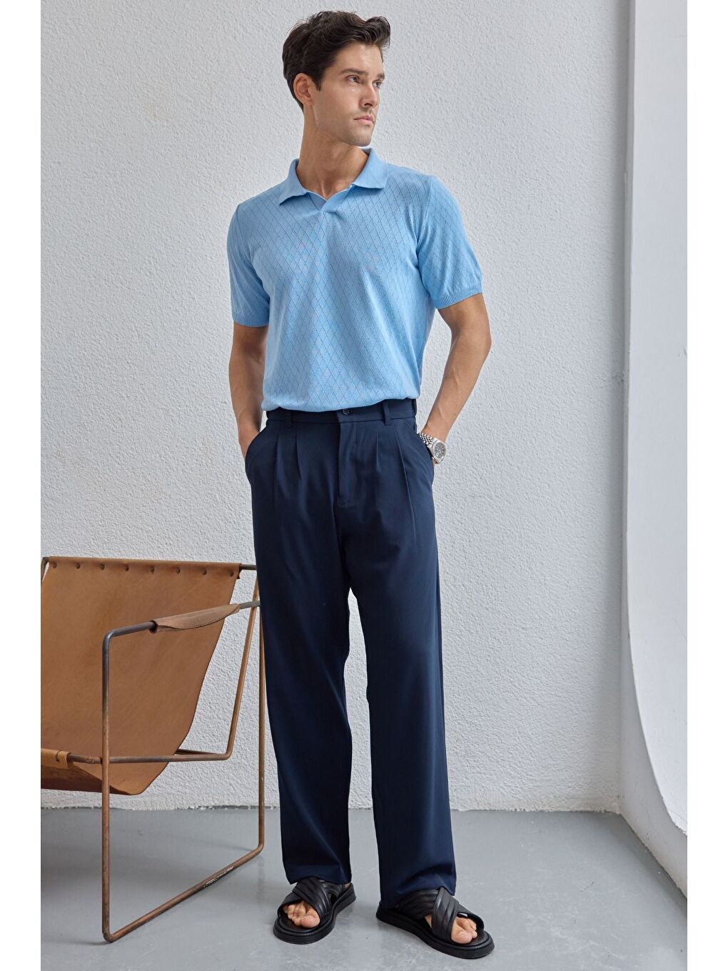 Mavi Onor Erkek Kendinden Desenli Polo Yaka Triko Tişört Geniş Kalıp Hafif Doku