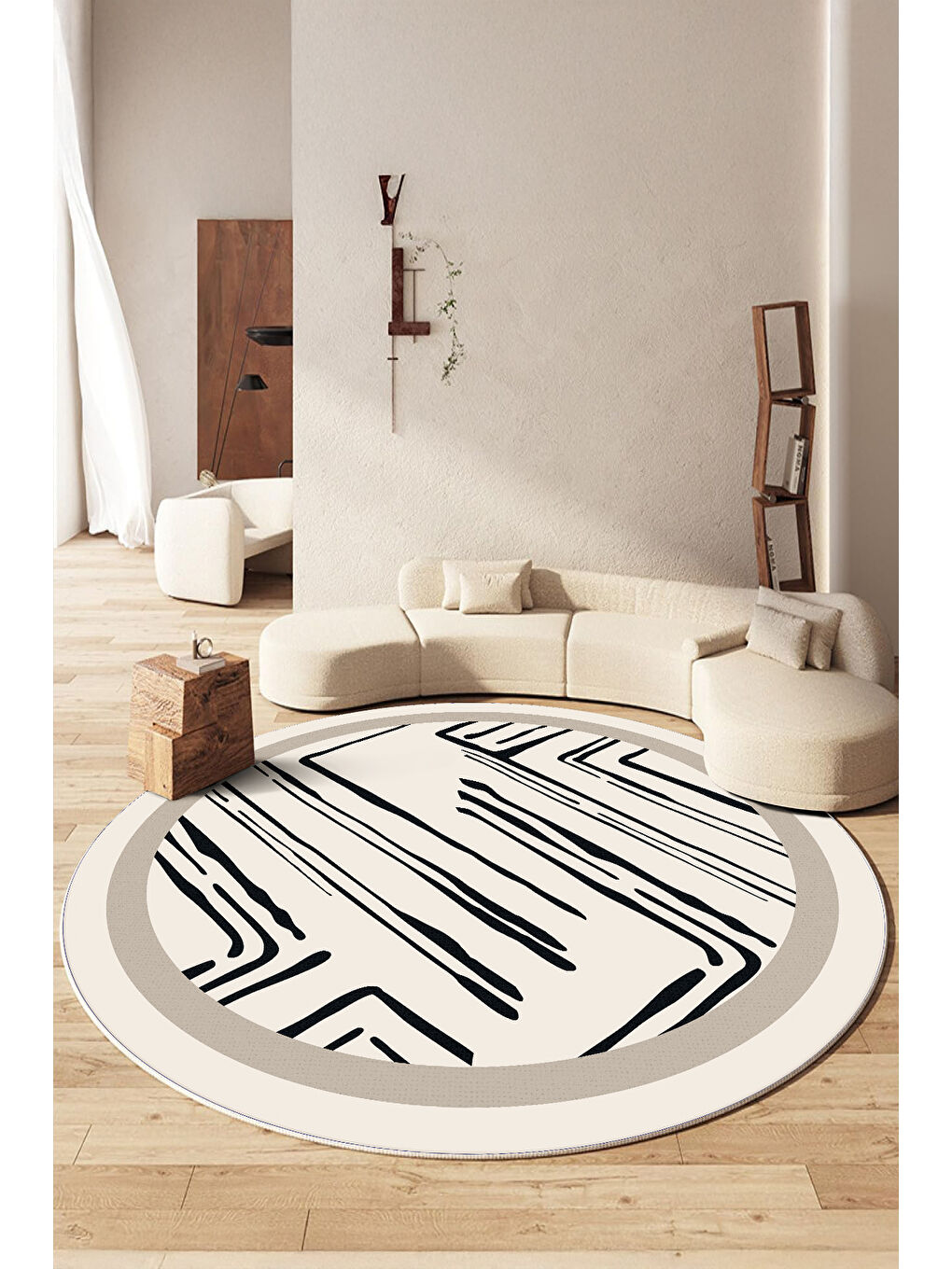 Ekru Dekoratif Salon Halısı, Makinada Yıkanabilir, Kaymaz Taban, İnce & Modern Tasarım-2