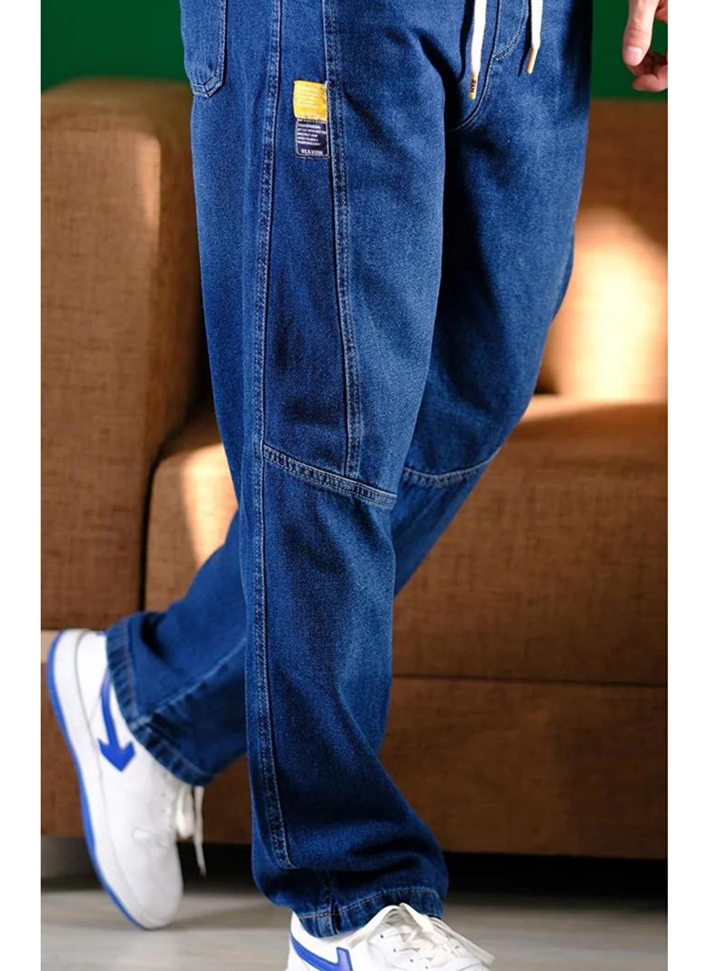 Erkek Lacivert Bel Lastikli Bağcıklı Baggy Fit Jean Pantolon-1