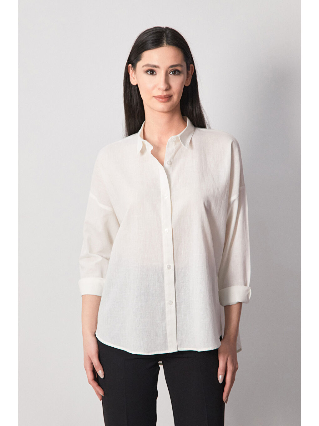 Ekru Basic Arkası Uzun Salaş Gömlek-2