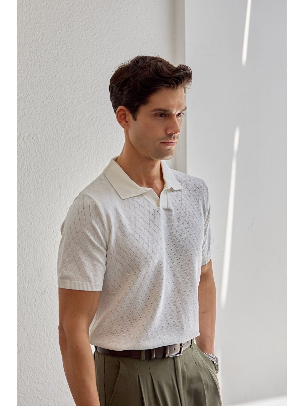 Beyaz Onor Erkek Kendinden Desenli Polo Yaka Triko Tişört Geniş Kalıp Hafif Doku-6