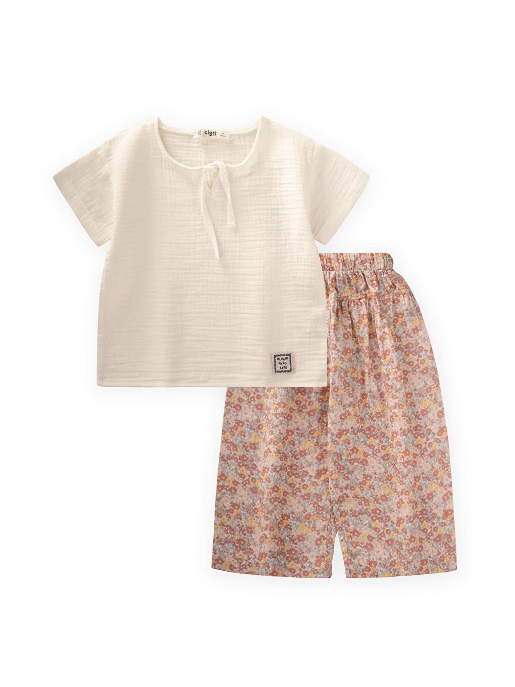 Ekru Kız Çocuk Çiçekli Müslin Takım