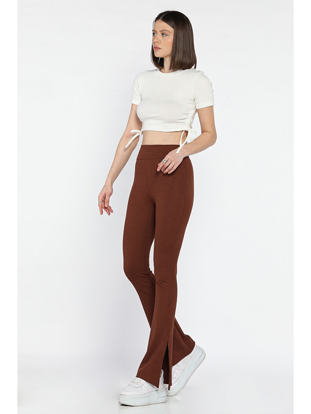 Kahverengi Kadın İspanyol Paça Yırtmaç Detaylı Yüksek Bel Fitilli Tayt