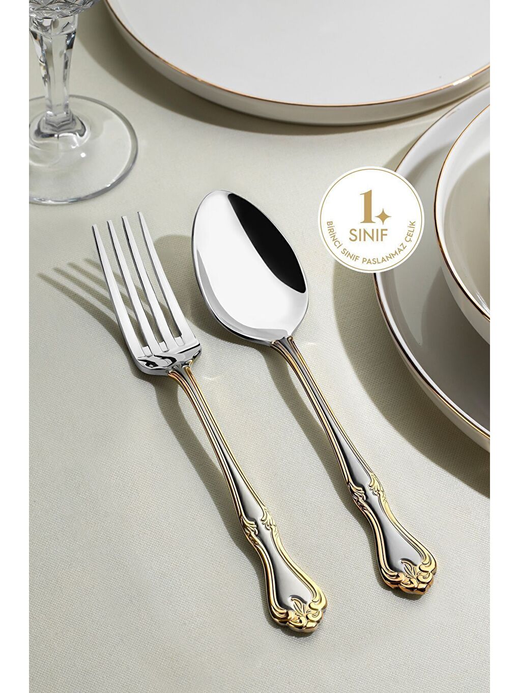 Sarı Lalezar Altın Saten 12 Kişilik 60 Parça Kutulu Çatal Kaşık Takımı-3