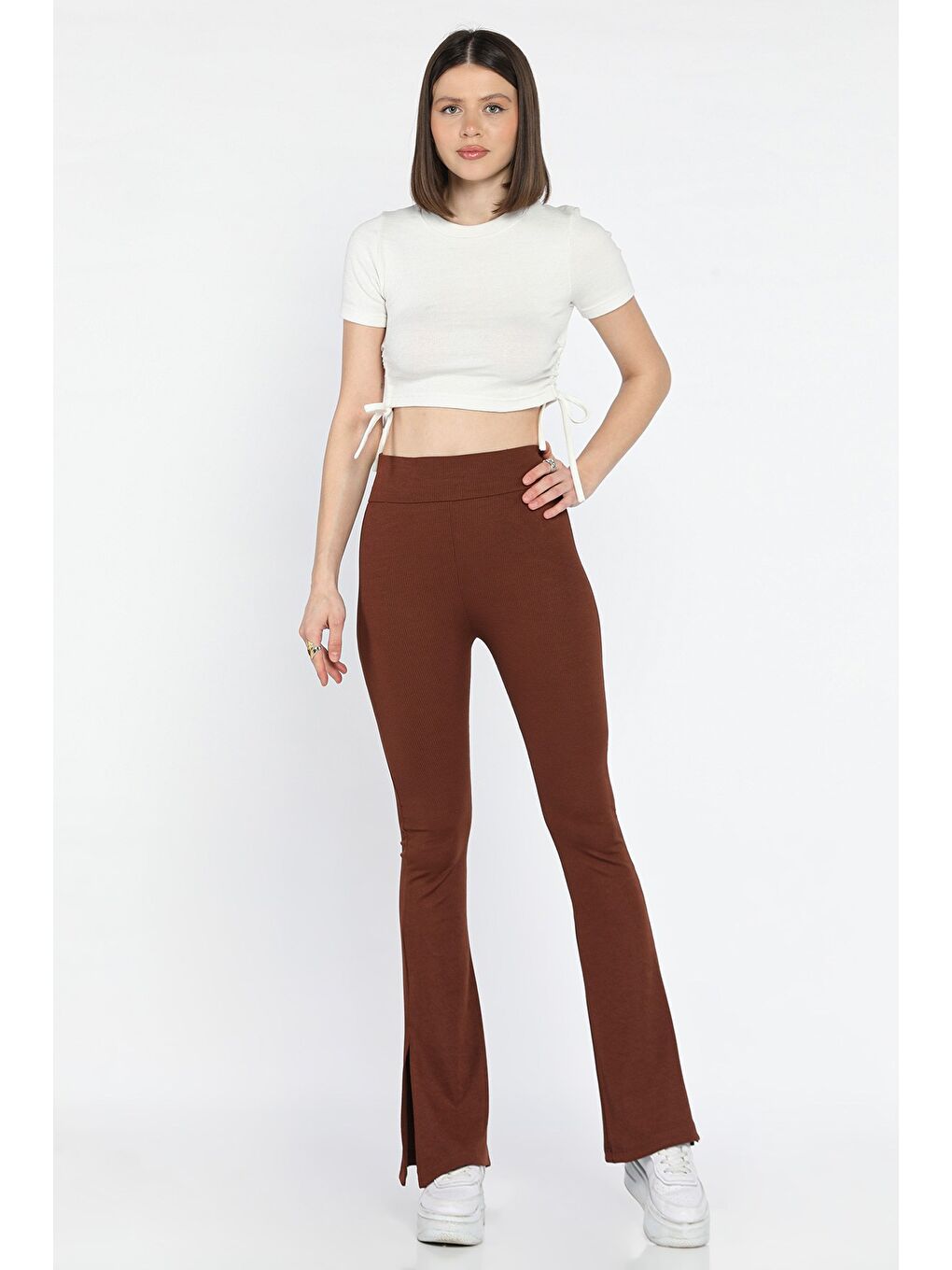 Kahverengi Kadın İspanyol Paça Yırtmaç Detaylı Yüksek Bel Fitilli Tayt-1