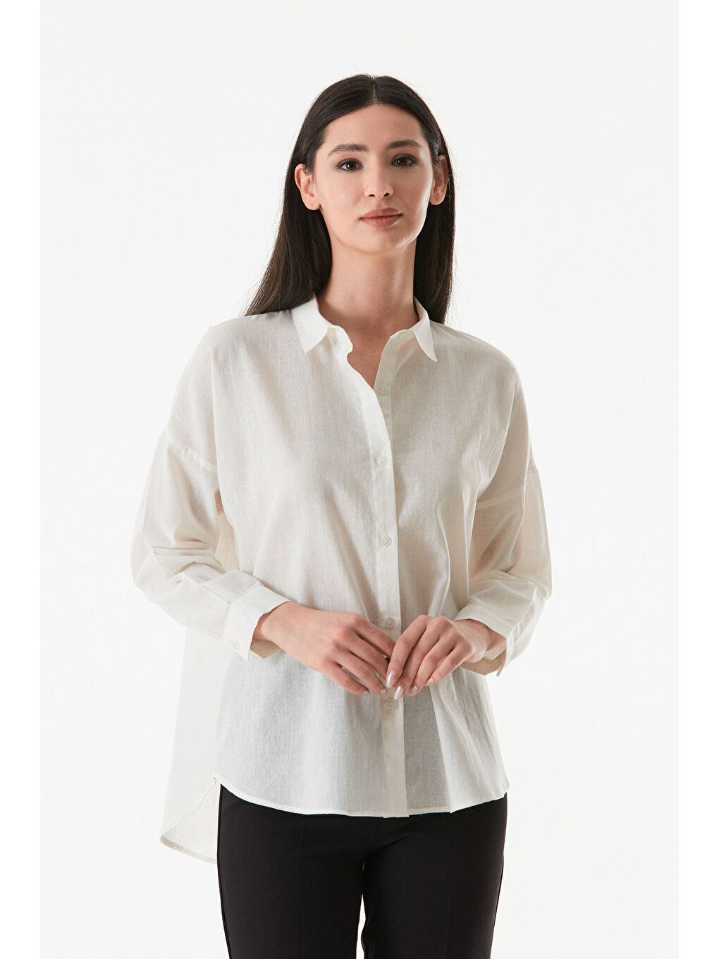 Ekru Basic Arkası Uzun Salaş Gömlek-3