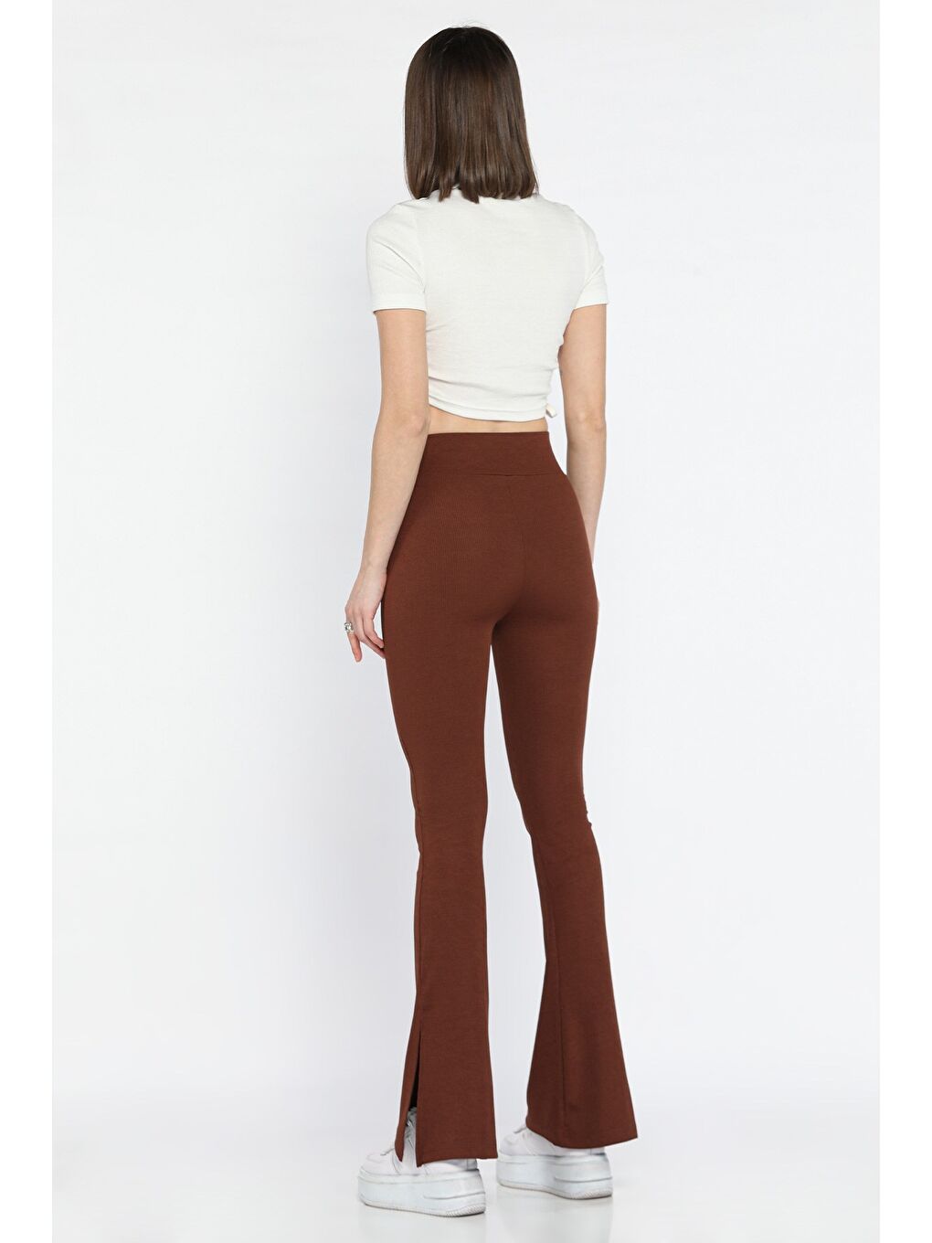 Kahverengi Kadın İspanyol Paça Yırtmaç Detaylı Yüksek Bel Fitilli Tayt-2
