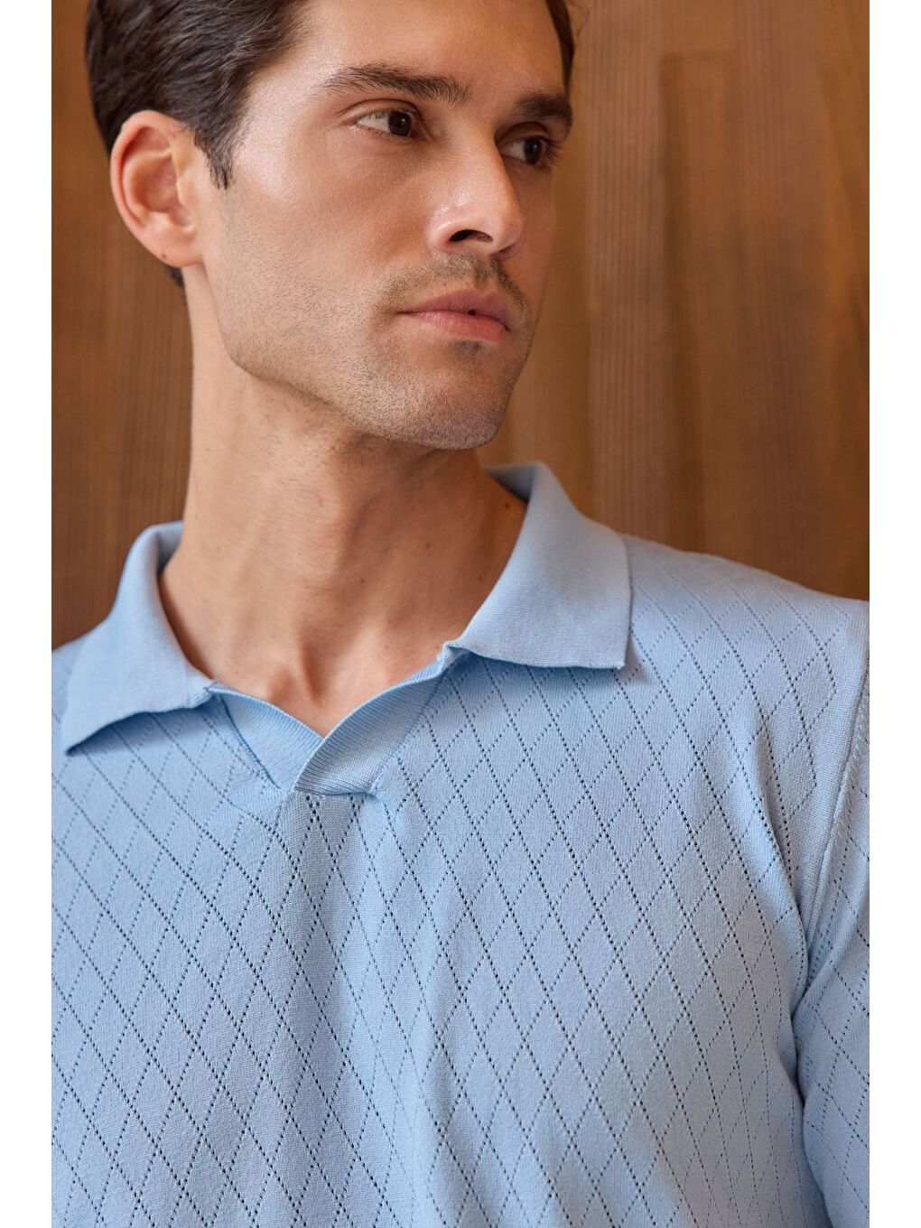 Mavi Onor Erkek Kendinden Desenli Polo Yaka Triko Tişört Geniş Kalıp Hafif Doku-1