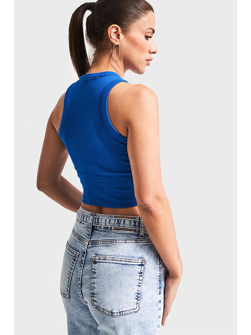 Mavi Kadın Saks Renk s5-103 Halter Yaka Esnek Kaşkorse Kumaş Crop Top Body-2
