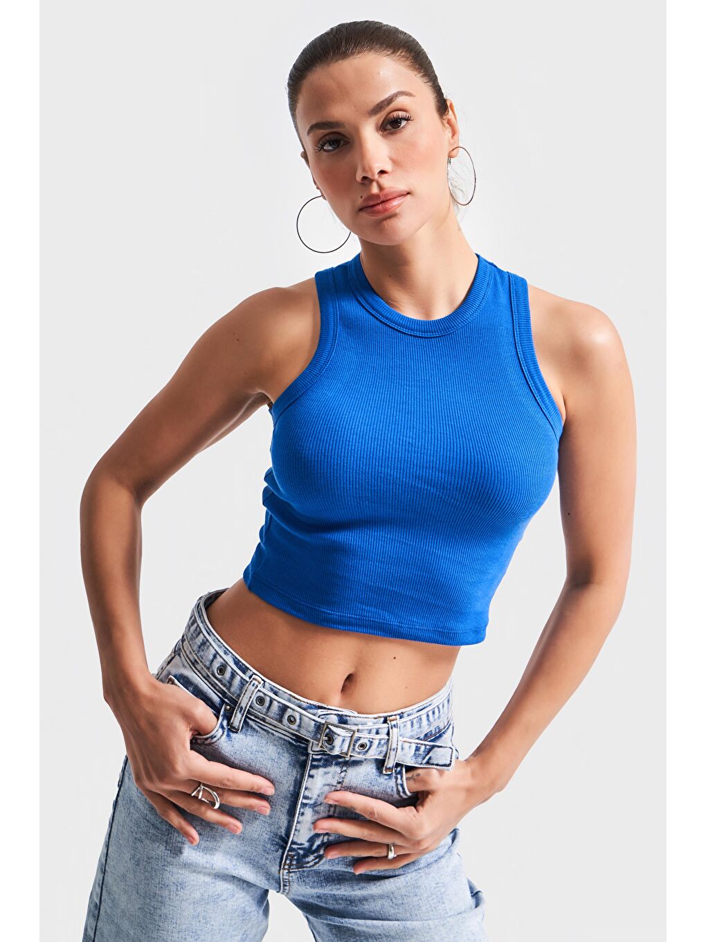 Mavi Kadın Saks Renk s5-103 Halter Yaka Esnek Kaşkorse Kumaş Crop Top Body-3