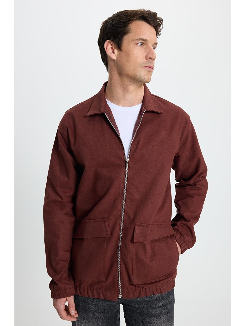 Erkek Relax Fit Rahat Kesim Çift Cep Kapaklı Fermuarlı Beli Lastikli Düz Bordo Ceket