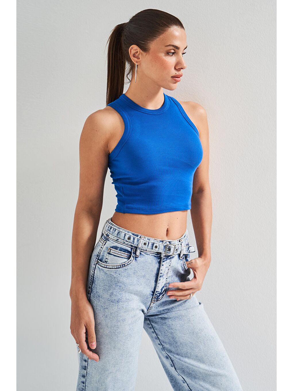 Mavi Kadın Saks Renk s5-103 Halter Yaka Esnek Kaşkorse Kumaş Crop Top Body-4