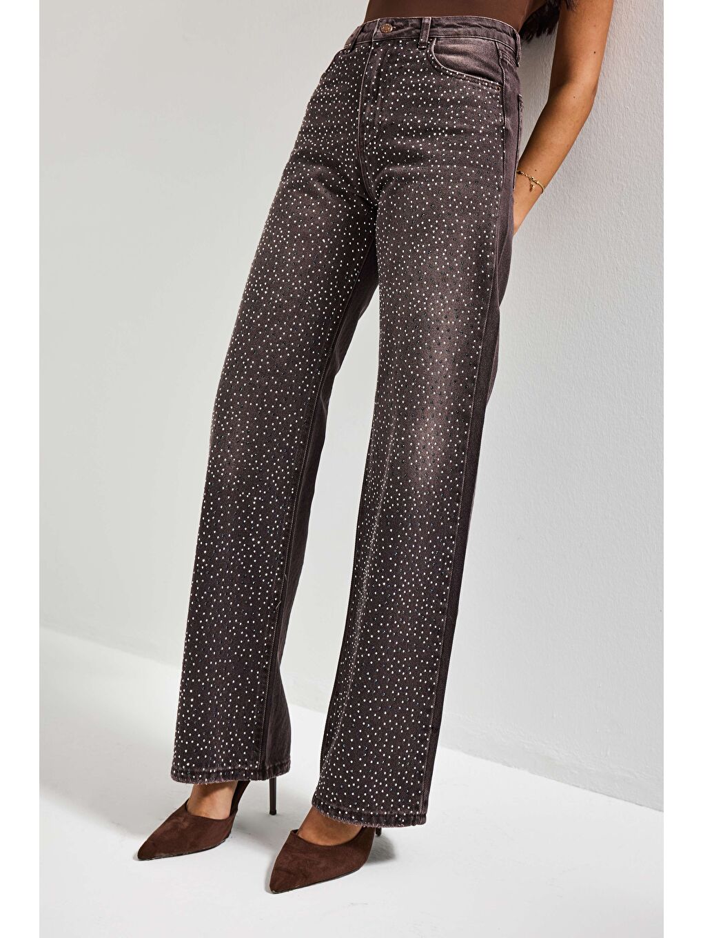 Kahverengi Kadın Koyu Kahve T-2s6-16 Straight Fit Parlak Taşlı Yüksek Bel Özel Tasarım Denim Jean-2