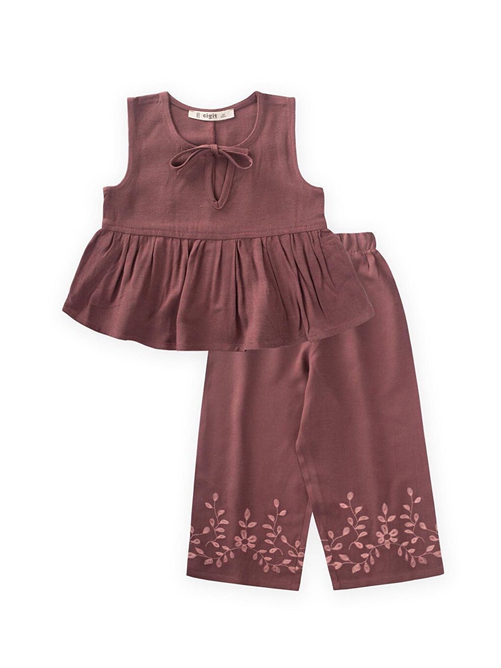 Mürdüm Kız Çocuk Nakışlı Keten Takım