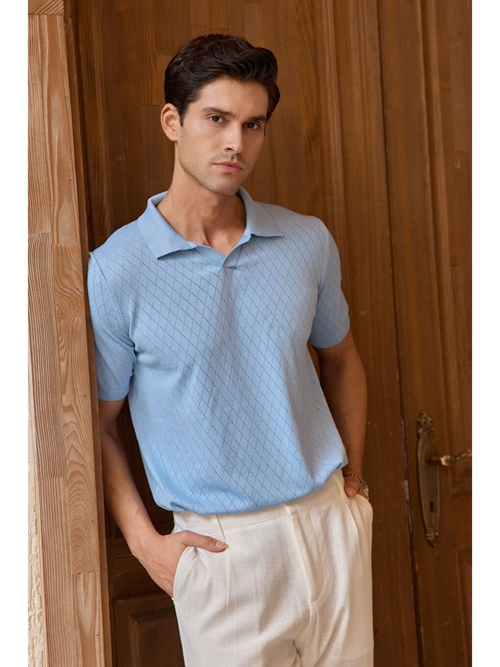 Mavi Onor Erkek Kendinden Desenli Polo Yaka Triko Tişört Geniş Kalıp Hafif Doku-2