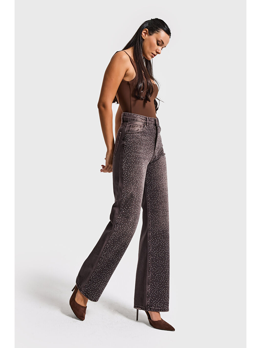 Kahverengi Kadın Koyu Kahve T-2s6-16 Straight Fit Parlak Taşlı Yüksek Bel Özel Tasarım Denim Jean-3