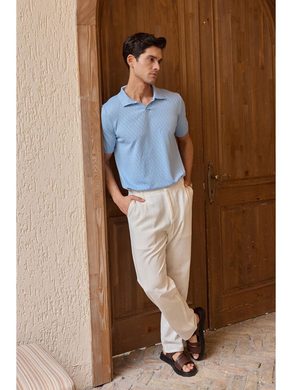 Mavi Onor Erkek Kendinden Desenli Polo Yaka Triko Tişört Geniş Kalıp Hafif Doku-3