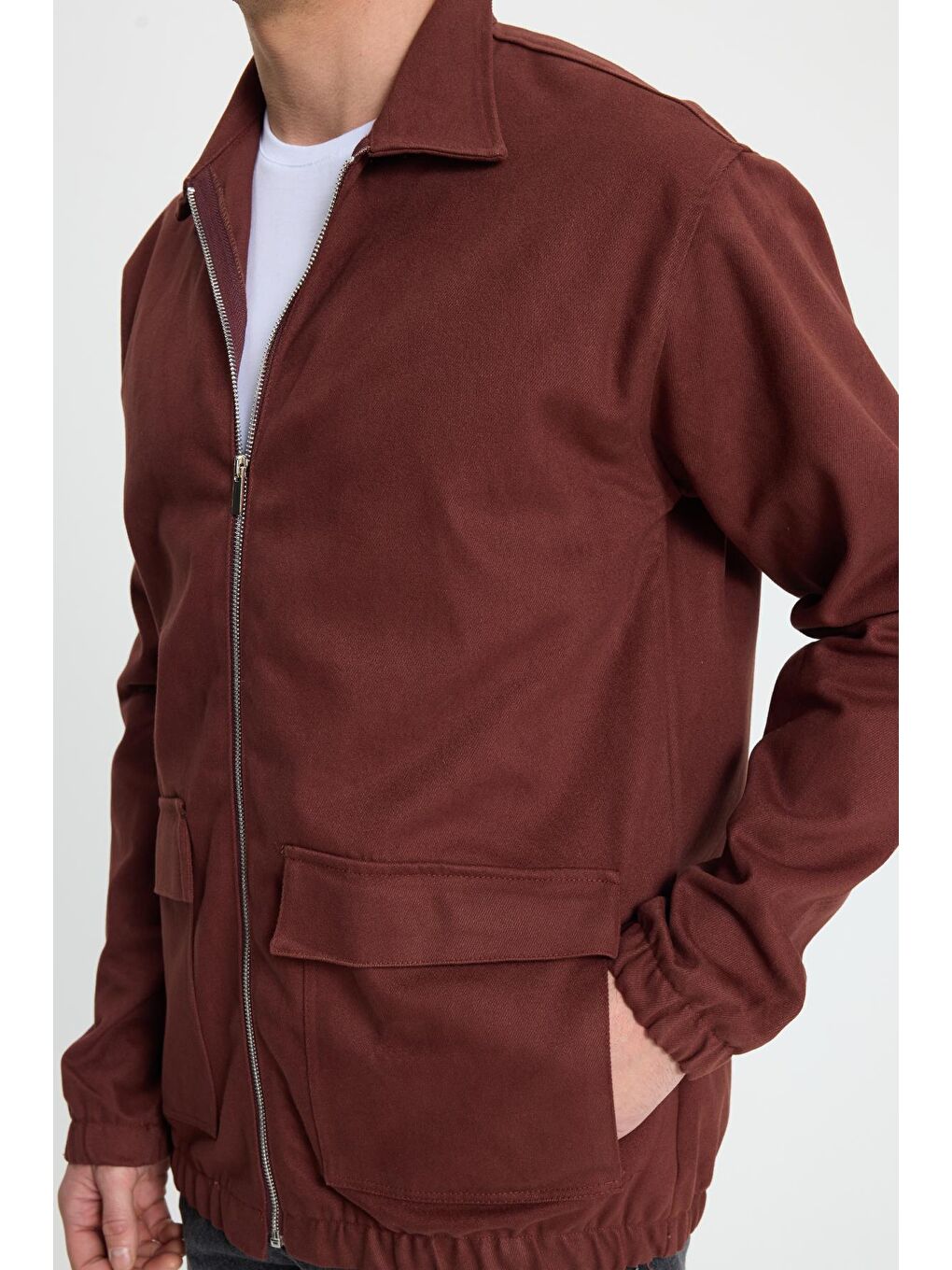 Erkek Relax Fit Rahat Kesim Çift Cep Kapaklı Fermuarlı Beli Lastikli Düz Bordo Ceket-2