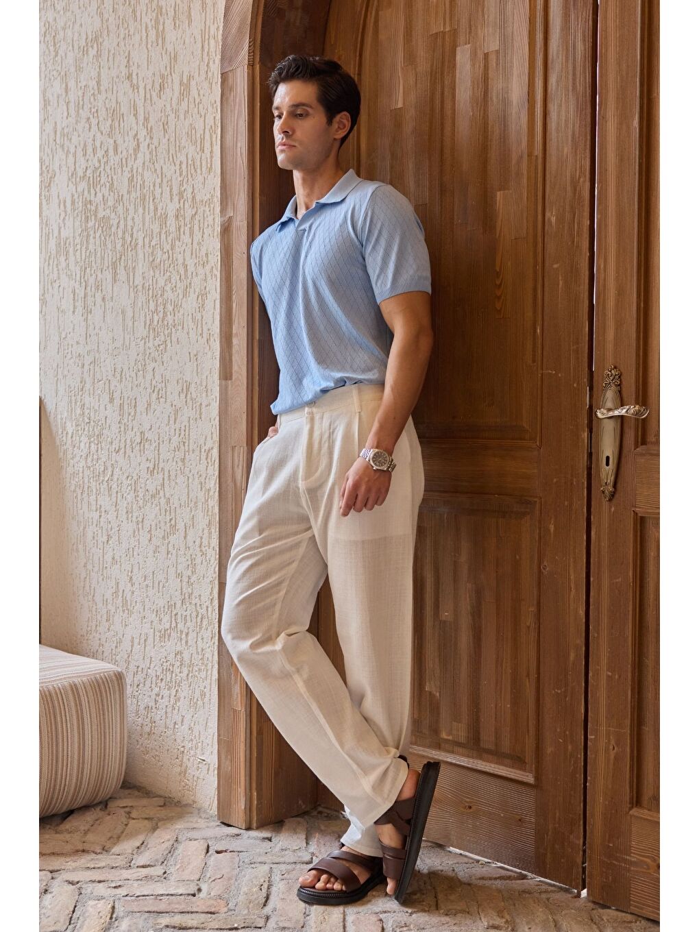 Mavi Onor Erkek Kendinden Desenli Polo Yaka Triko Tişört Geniş Kalıp Hafif Doku-4