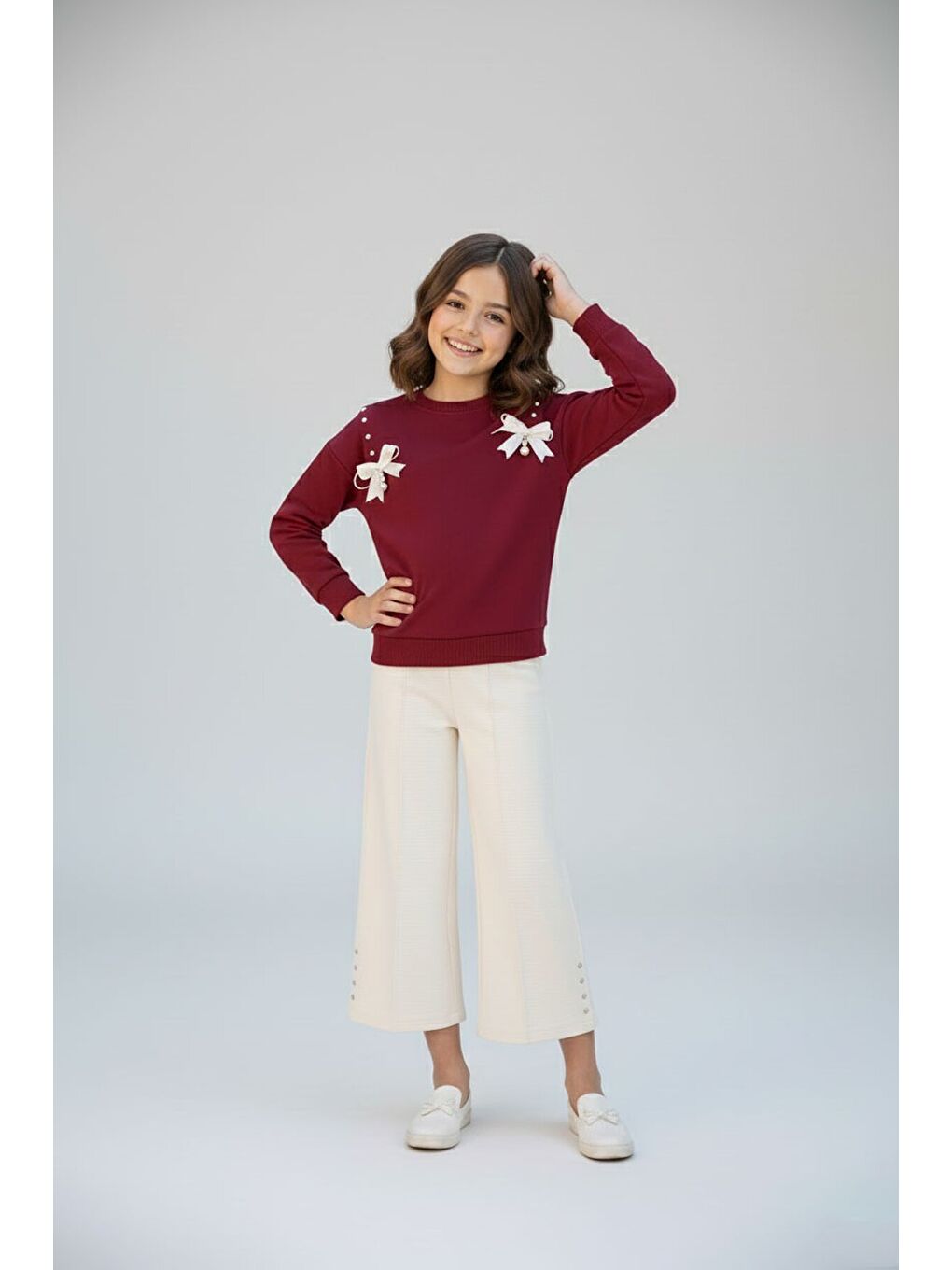 Ekru Krem Taş Detaylı Jean Pantolonlu Badili 2li Kız Çocuk Takım 23513-1