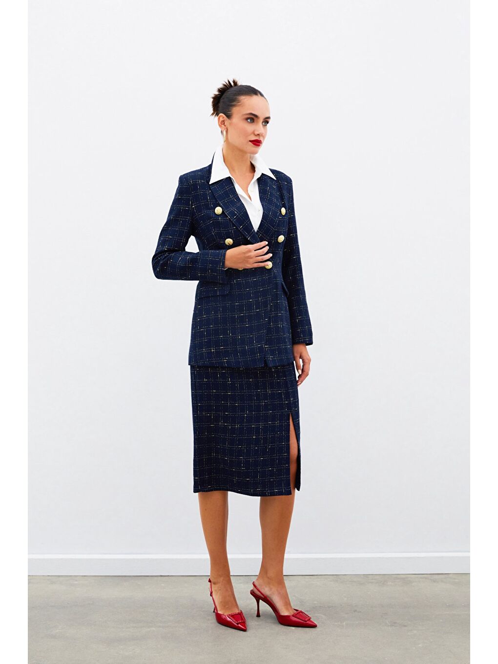 Simli Uzun Ceket - Lacivert-2