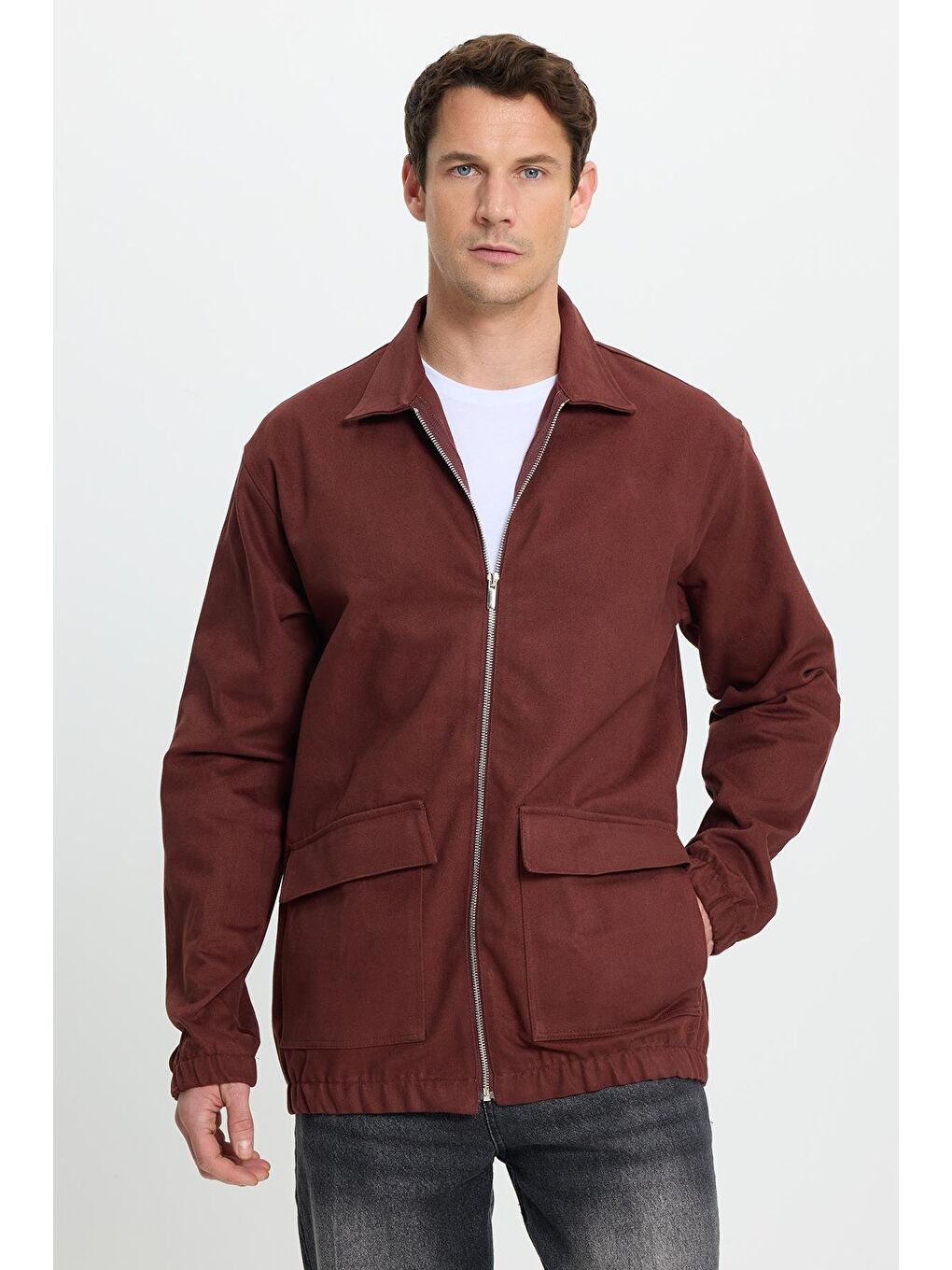 Erkek Relax Fit Rahat Kesim Çift Cep Kapaklı Fermuarlı Beli Lastikli Düz Bordo Ceket-3