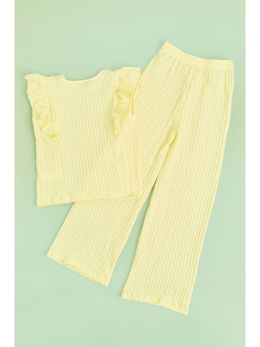 Sarı Kolu Fırfırlı Dokulu Kız Çocuk 2 Li Takım-1