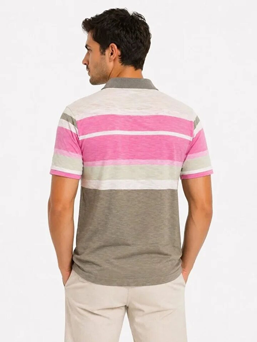 Erkek Flamlı Penye Çizgili Polo Yaka Tişört Kısa Kol Yazlık T-Shirt - Gri-1