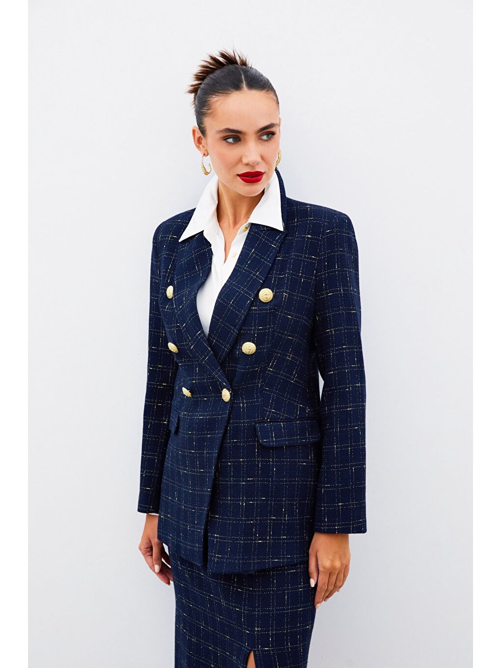 Simli Uzun Ceket - Lacivert-3