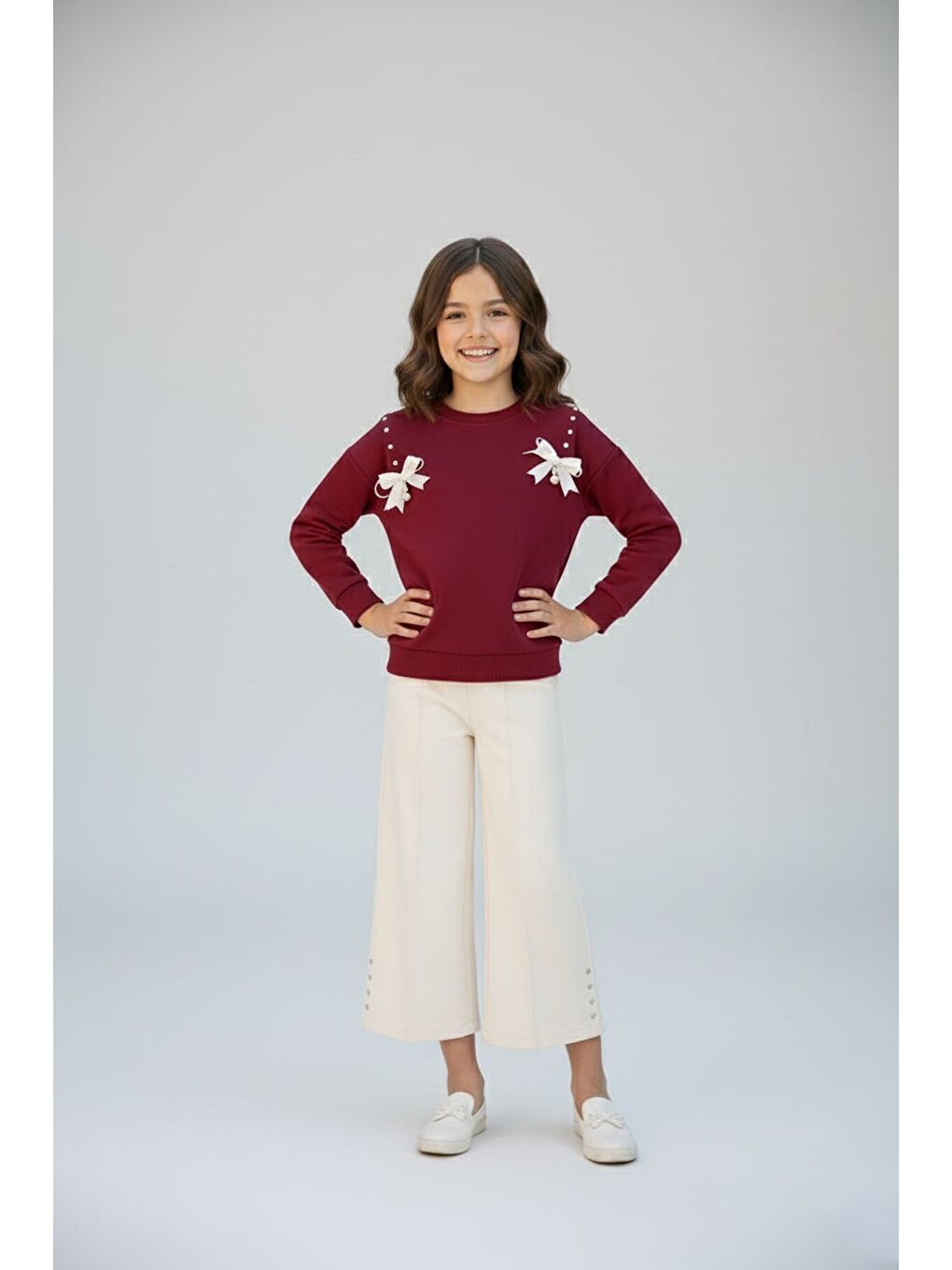 Ekru Krem Taş Detaylı Jean Pantolonlu Badili 2li Kız Çocuk Takım 23513-2