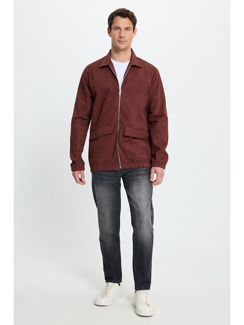 Erkek Relax Fit Rahat Kesim Çift Cep Kapaklı Fermuarlı Beli Lastikli Düz Bordo Ceket-4