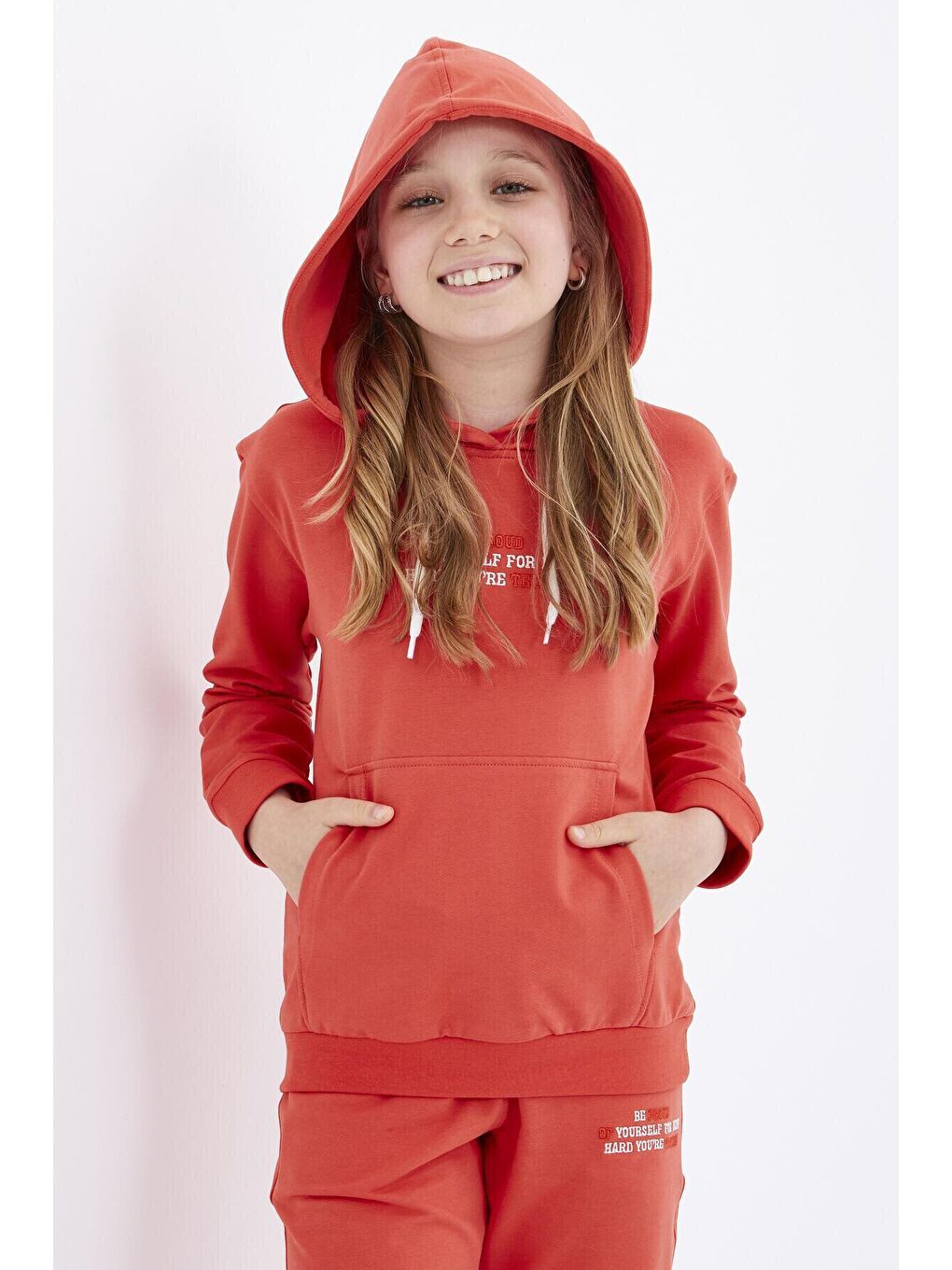 Turuncu Portakal Yazı Nakışlı Kapüşonlu Basic Rahat Form Kız Çocuk Eşofman Takım - 75055-2