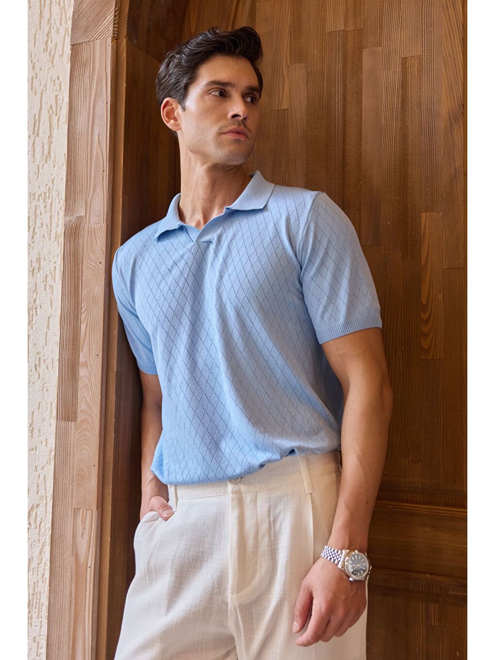 Mavi Onor Erkek Kendinden Desenli Polo Yaka Triko Tişört Geniş Kalıp Hafif Doku-5