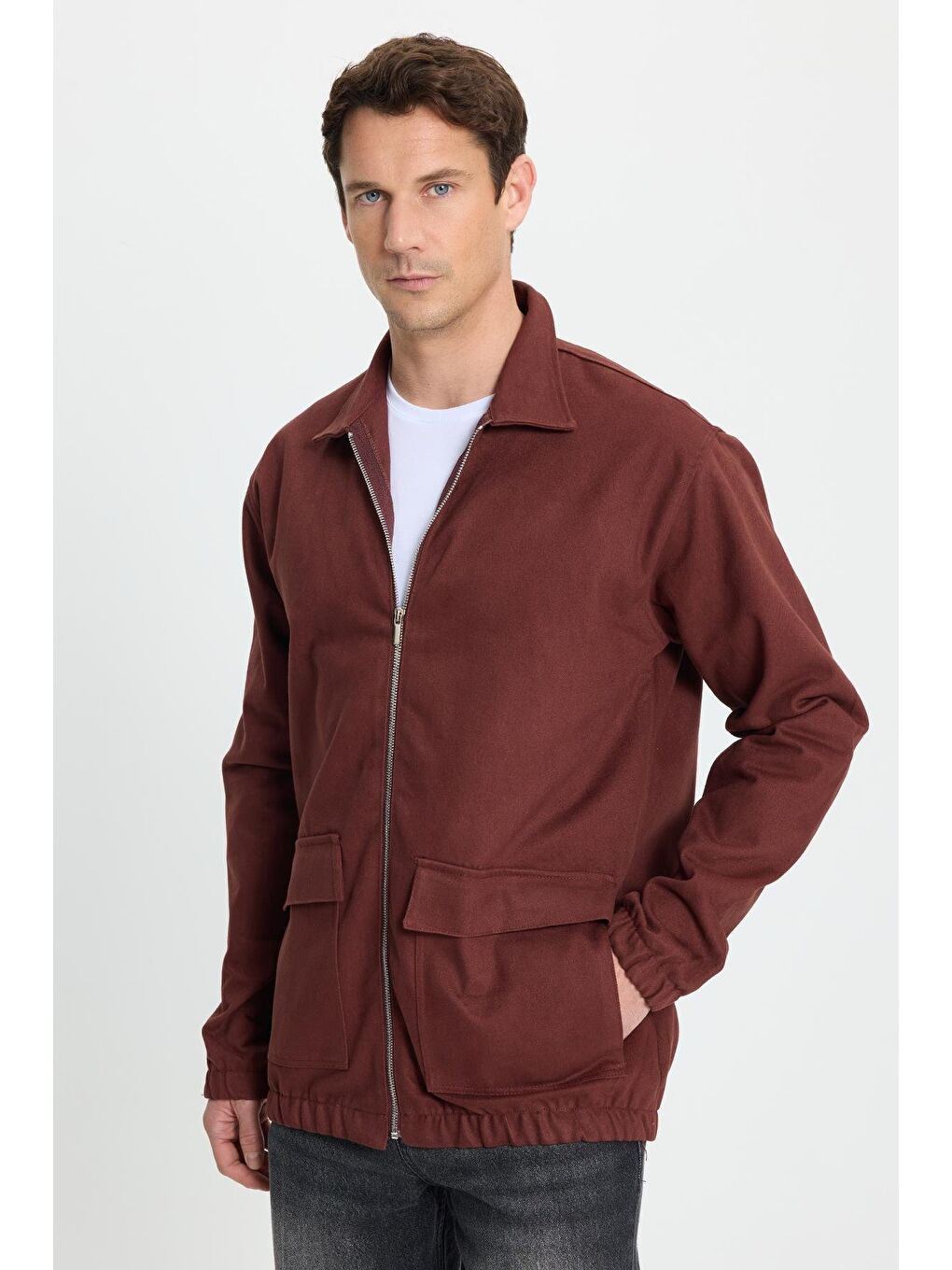 Erkek Relax Fit Rahat Kesim Çift Cep Kapaklı Fermuarlı Beli Lastikli Düz Bordo Ceket-5