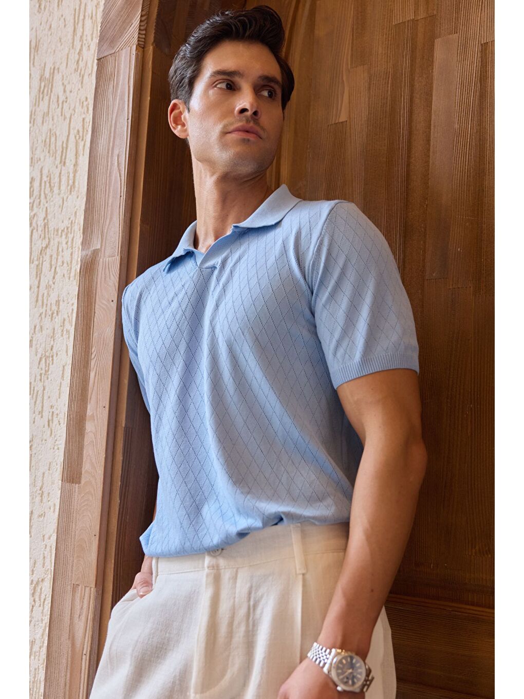 Mavi Onor Erkek Kendinden Desenli Polo Yaka Triko Tişört Geniş Kalıp Hafif Doku-6