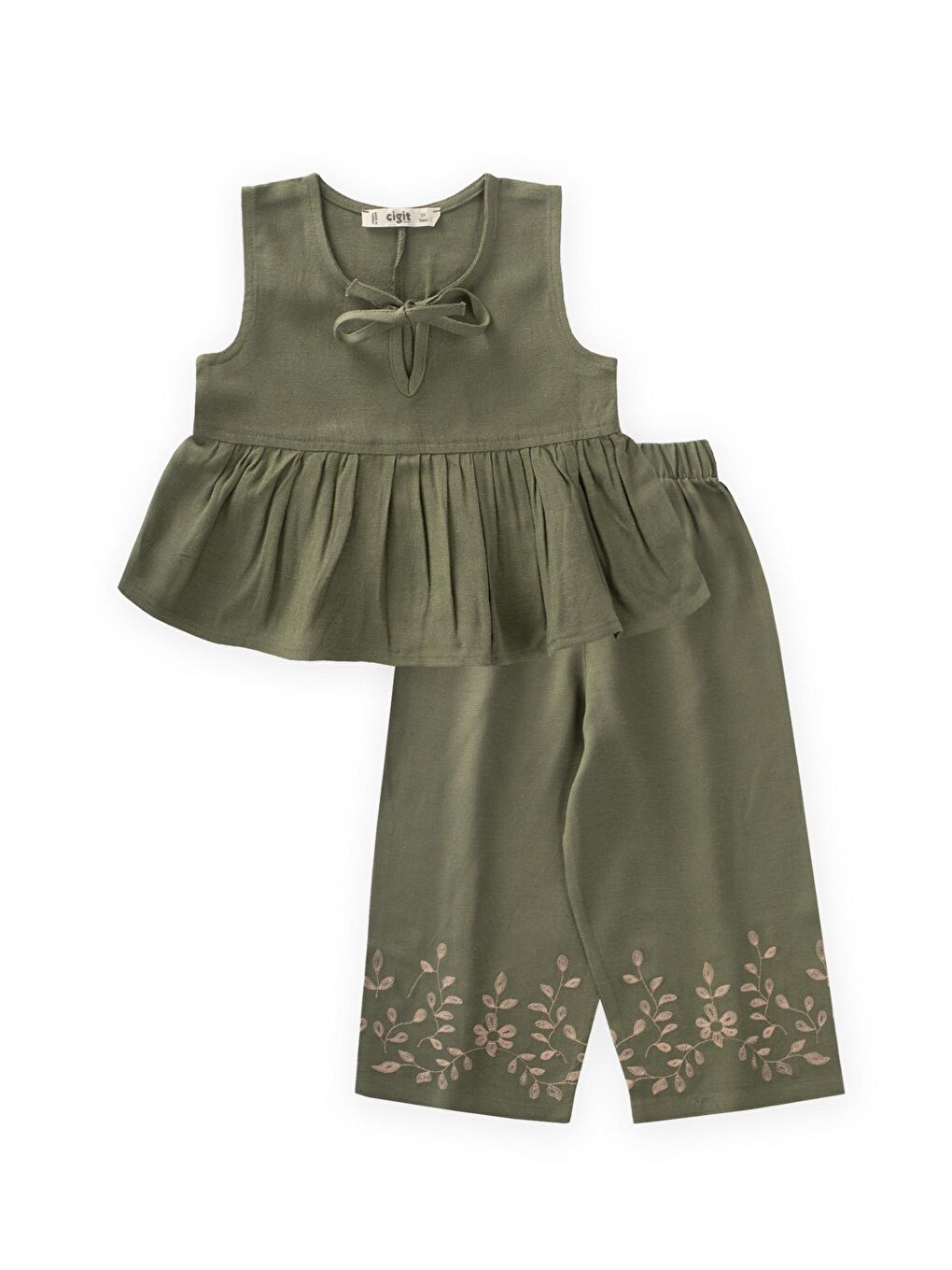 Haki Kız Çocuk Nakışlı Keten Takım