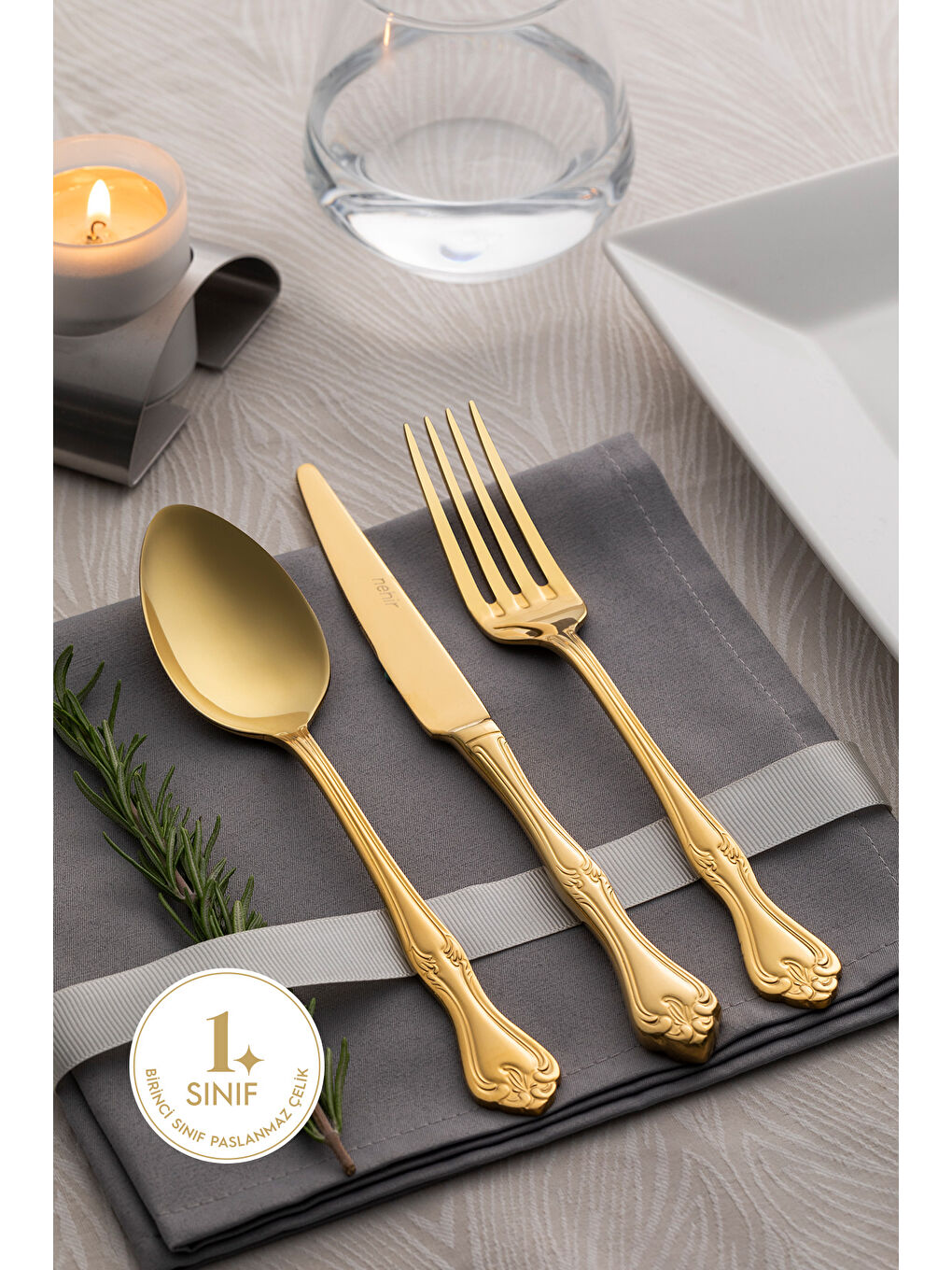 Sarı Lalezar Full Altın 12 Kişilik 89 Parça Deri Kutulu Çatal Kaşık Bıçak Takımı