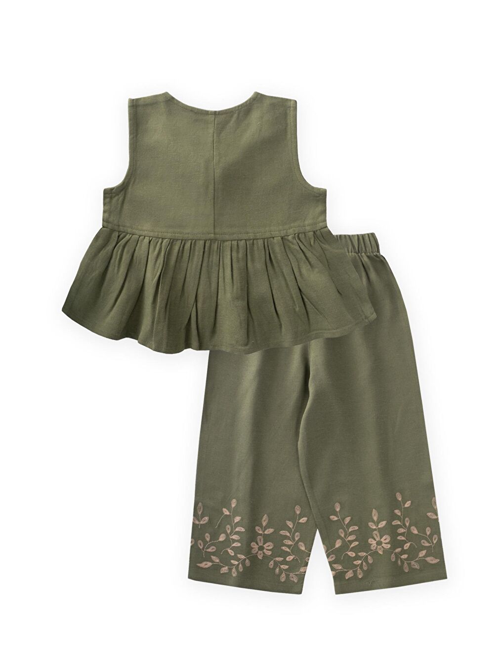 Haki Kız Çocuk Nakışlı Keten Takım-1