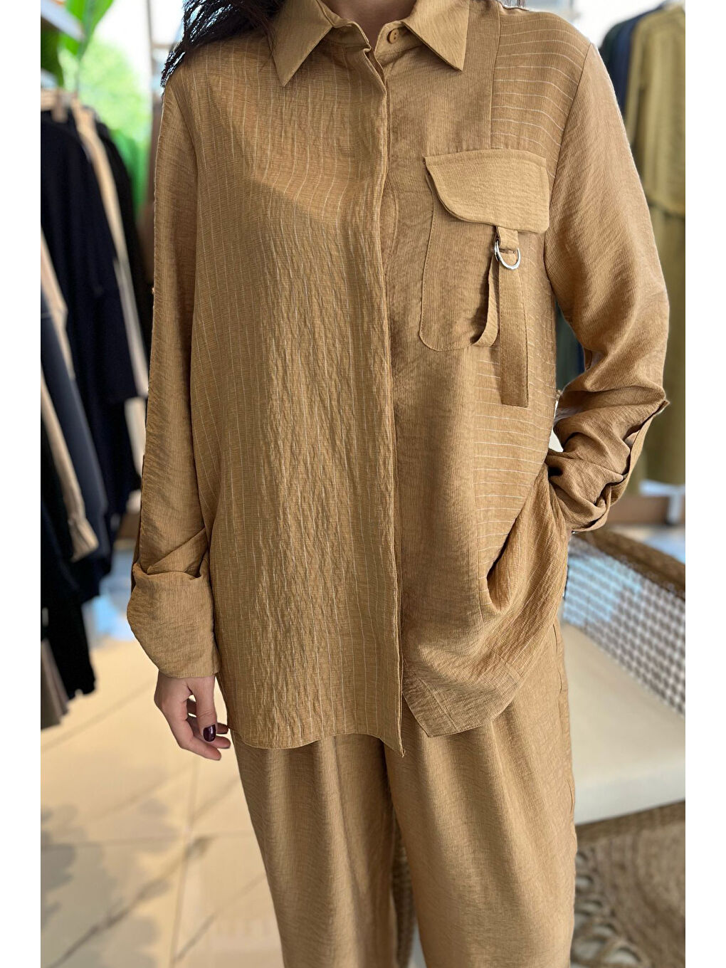 Kahverengi Çizgili Cep Detay Takım 1041 Camel-1