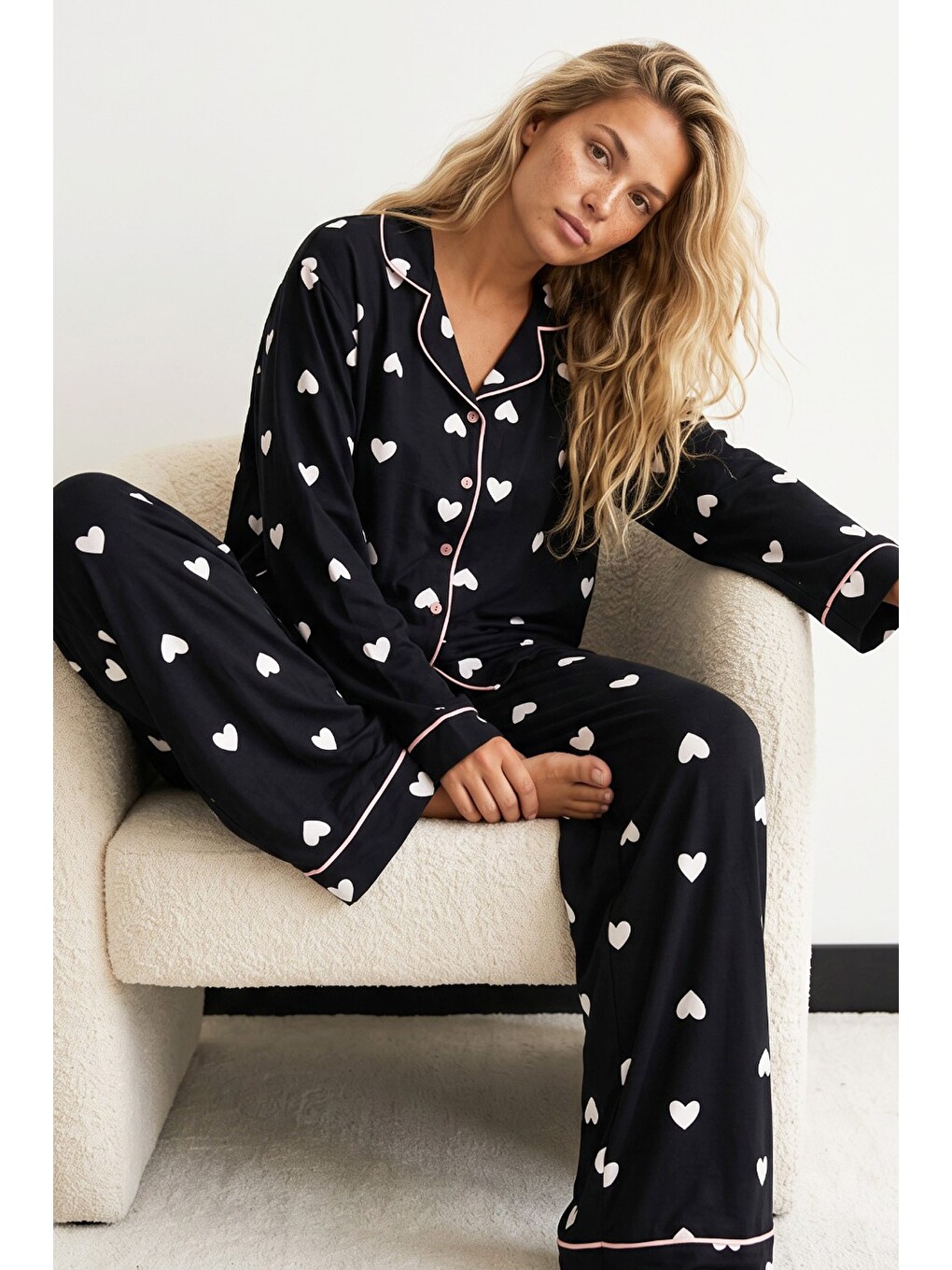 Karışık Düğmeli Biyeli Oversize Pamuklu Örme Pijama Takım 8071
