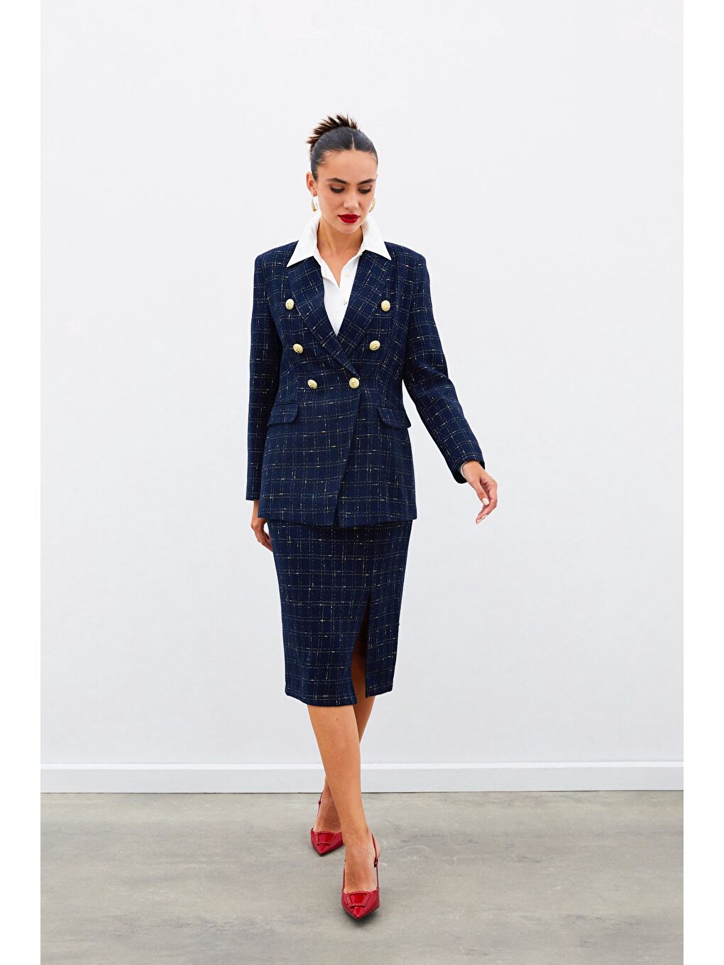 Simli Uzun Ceket - Lacivert-7