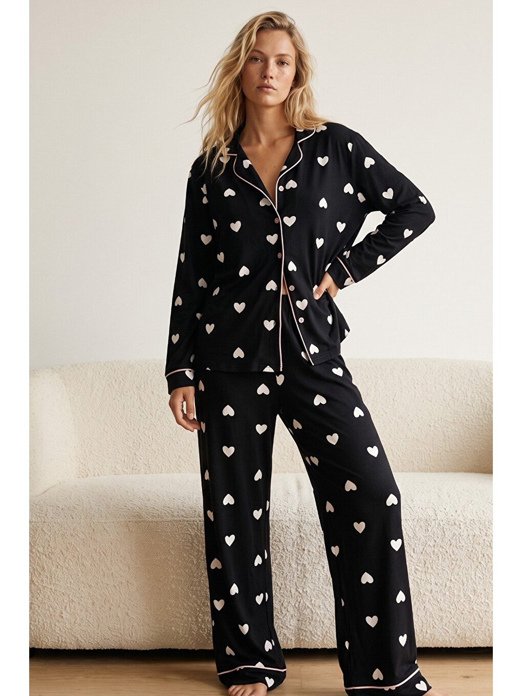 Karışık Düğmeli Biyeli Oversize Pamuklu Örme Pijama Takım 8071-1